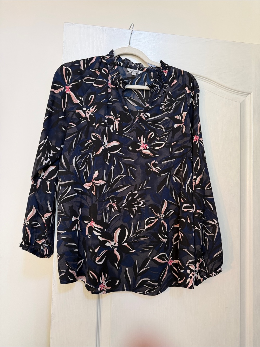 NIC+ZOE Navy Floral Ruffle V-Neck Blouse with Pink Highlights